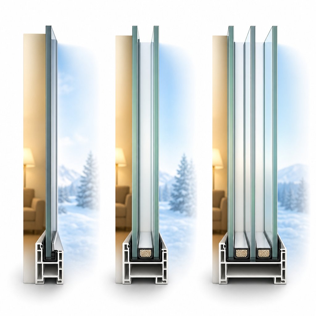 cross section comparison of single double and triple pane window glazing showing how additional layers improve insulation