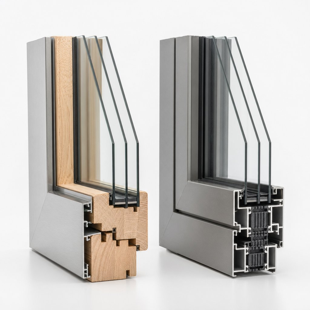 cross section comparison showing an aluminium clad wood frame alongside a full thermally broken aluminium profile