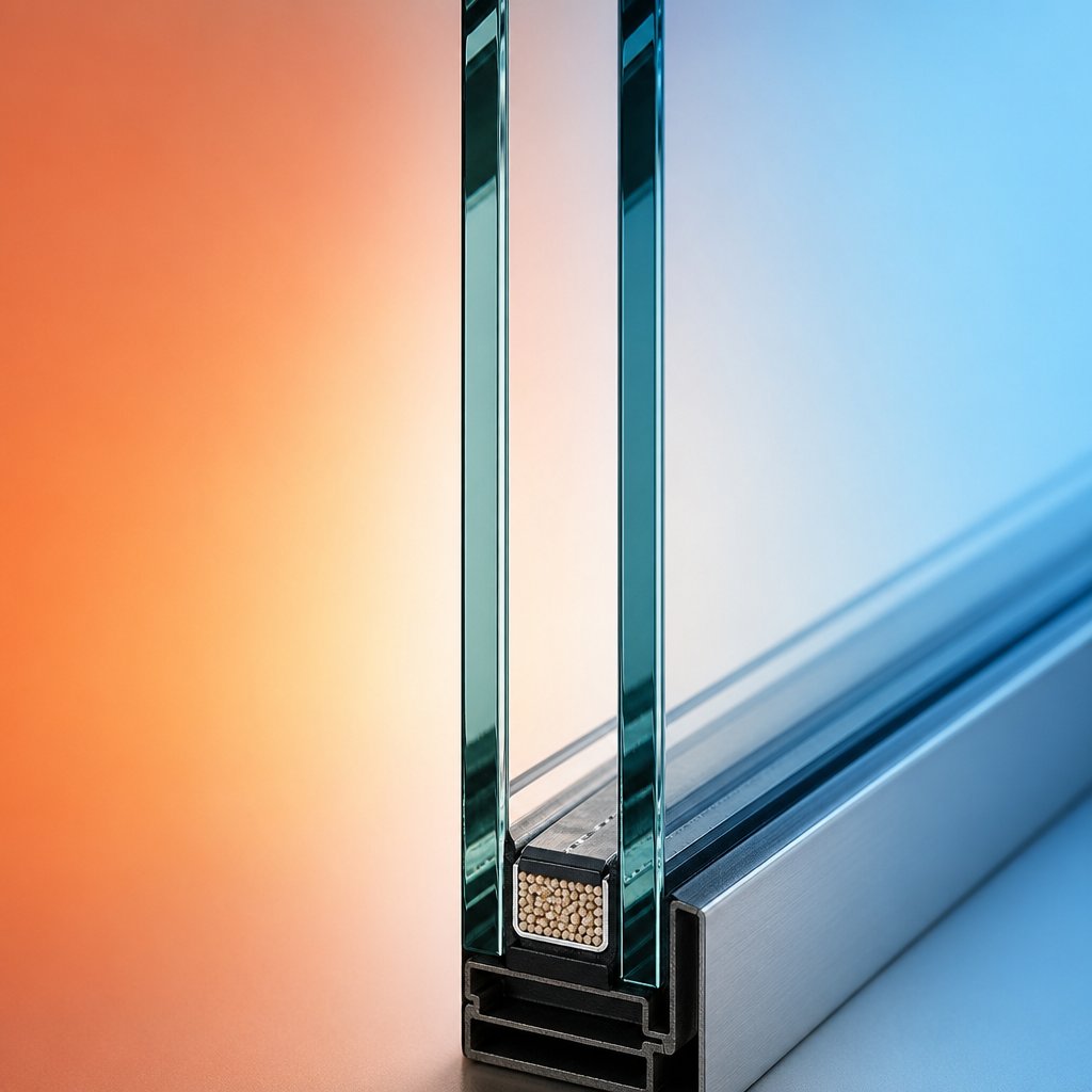 cross section of a double pane insulated window illustrating how layered glass and gas fills reduce heat transfer