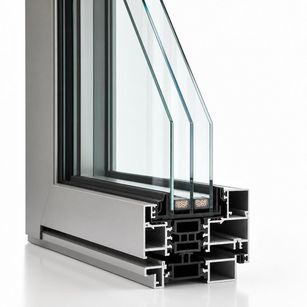 cross section of a high performance architectural window showing thermally broken frame and insulated glazing layers