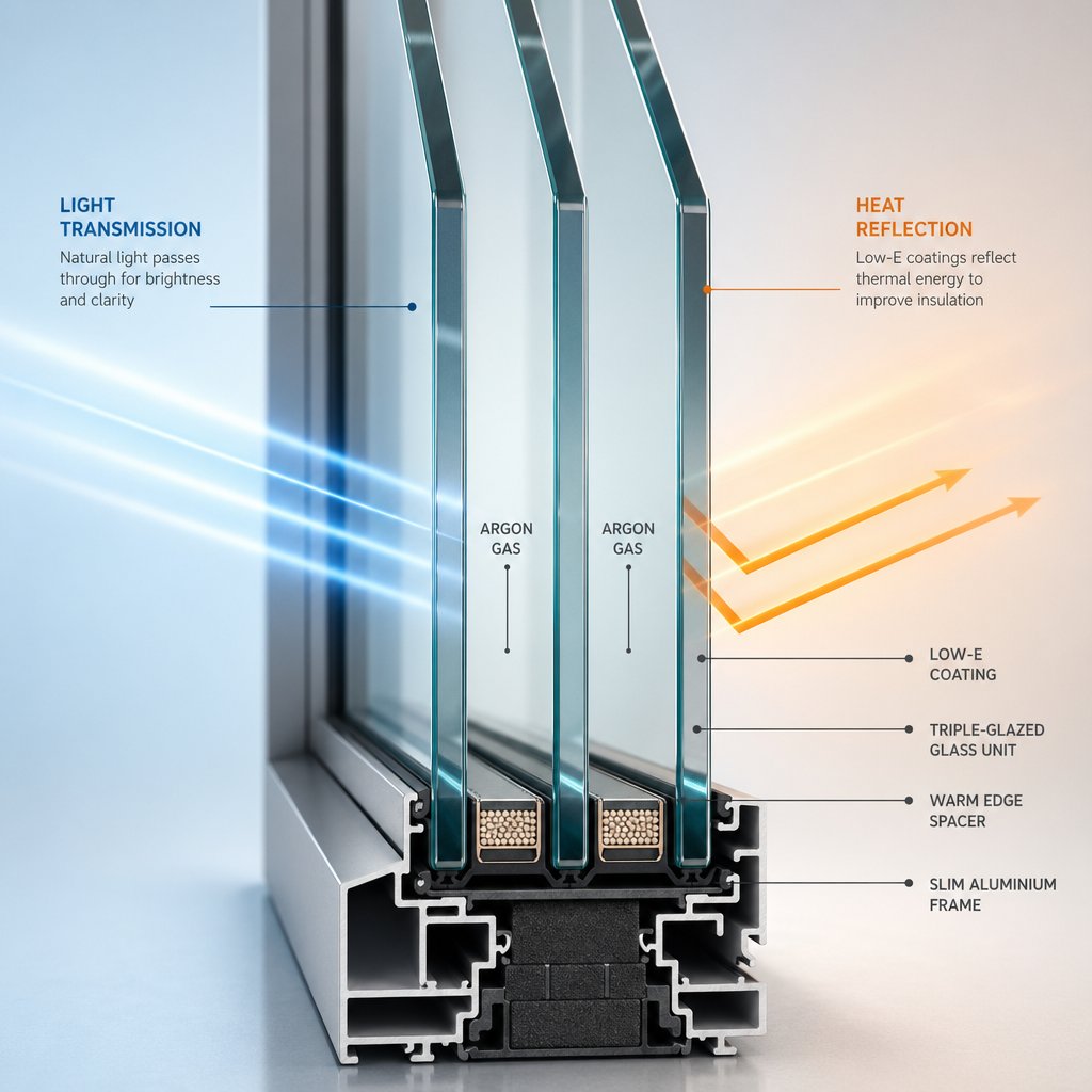 cross section of a modern multi pane window showing glass layers and insulating gas fills that improve thermal performance