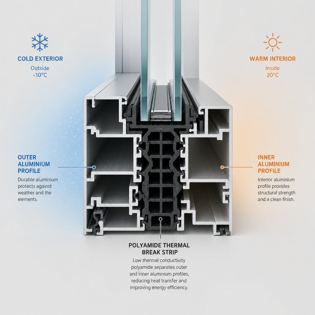 cross section of a thermally broken aluminium window frame showing the insulating barrier between inner and outer profiles