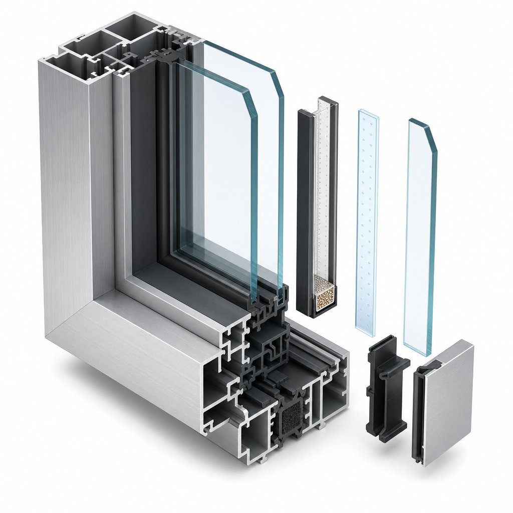 cross section of a thermally broken aluminium window frame with double glazing and insulating gas fill