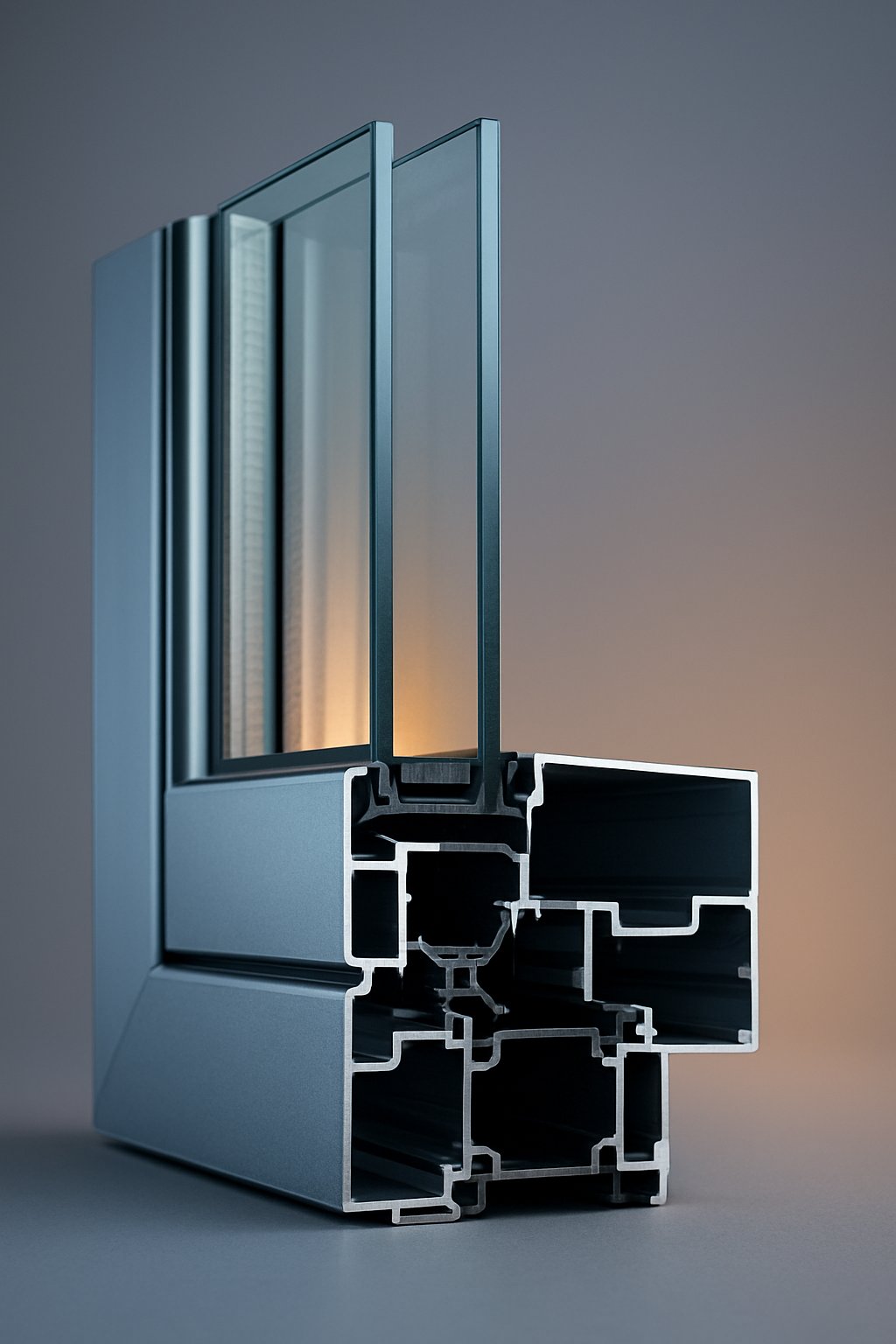 cross section of a thermally broken aluminium window frame with double glazing
