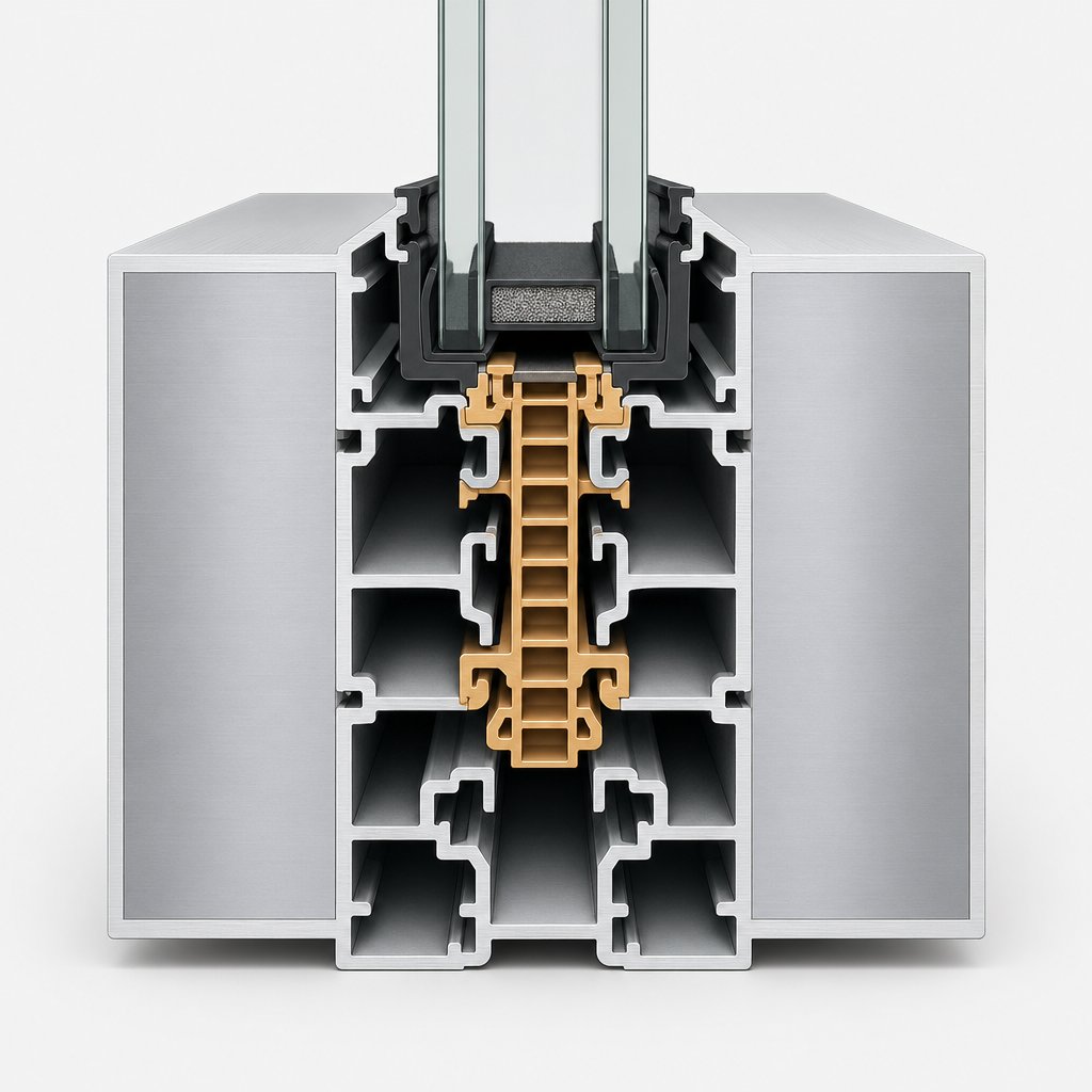 cross section of a thermally broken aluminium window profile showing the insulating polyamide barrier