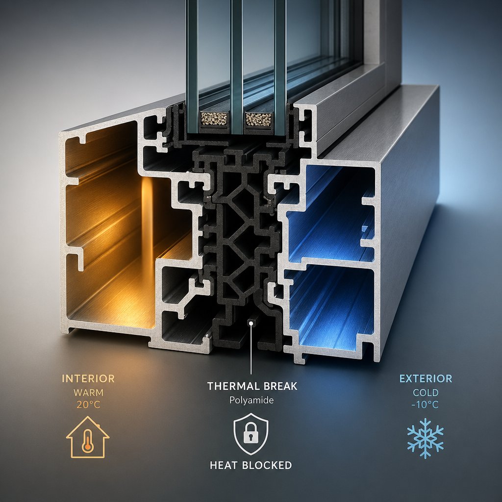 cross section of a thermally broken aluminium window profile showing the polyamide insulating barrier between interior and exterior sections