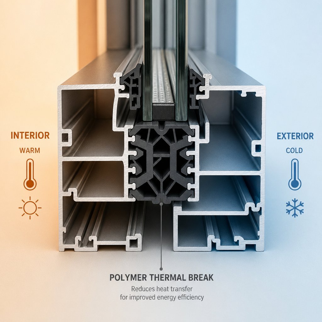 cross section of a thermally broken aluminium window profile showing the polymer strip separating interior and exterior extrusions