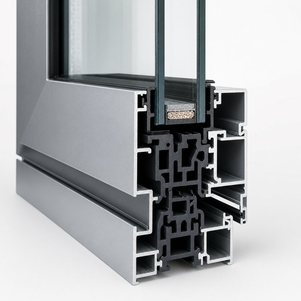 cross section of a thermally broken aluminum window frame showing the insulating barrier between interior and exterior profiles