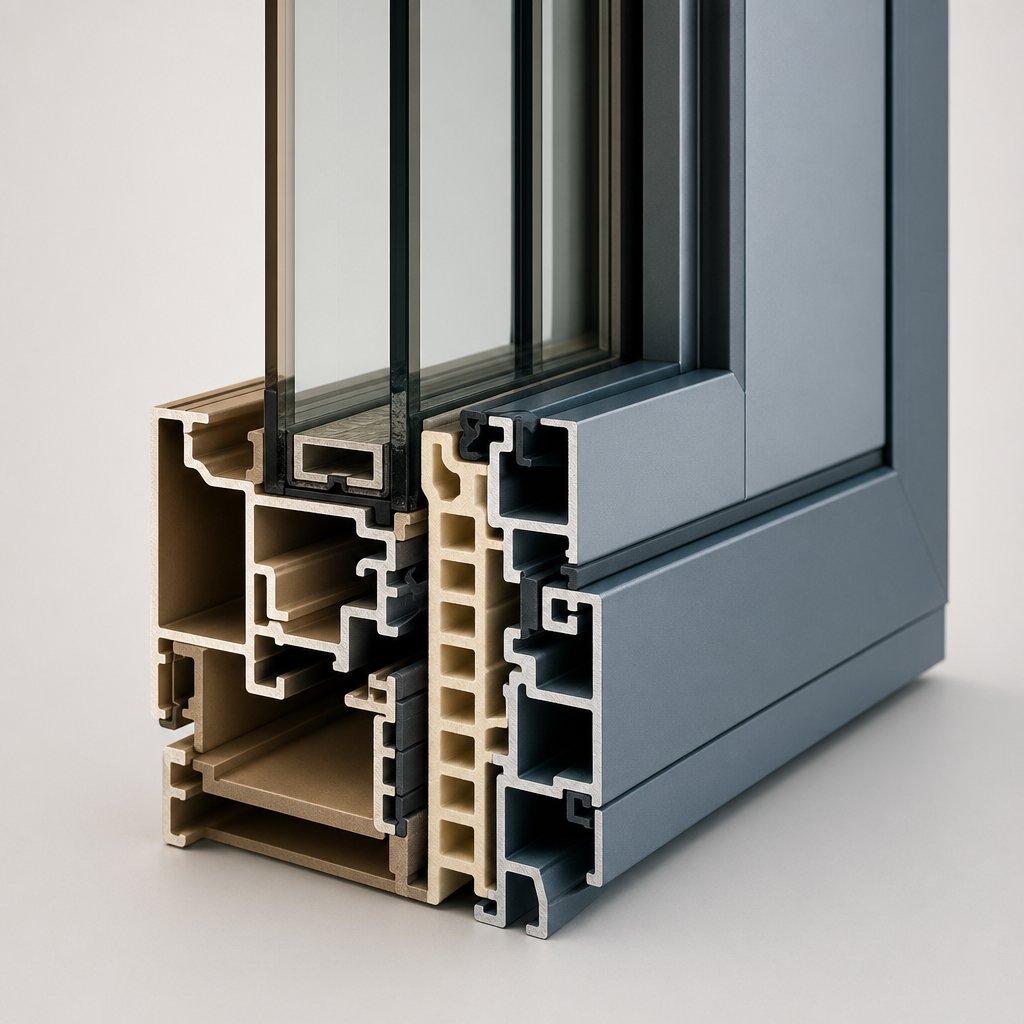 cross section of a thermally broken aluminum window frame showing the insulating barrier that separates interior and exterior profiles
