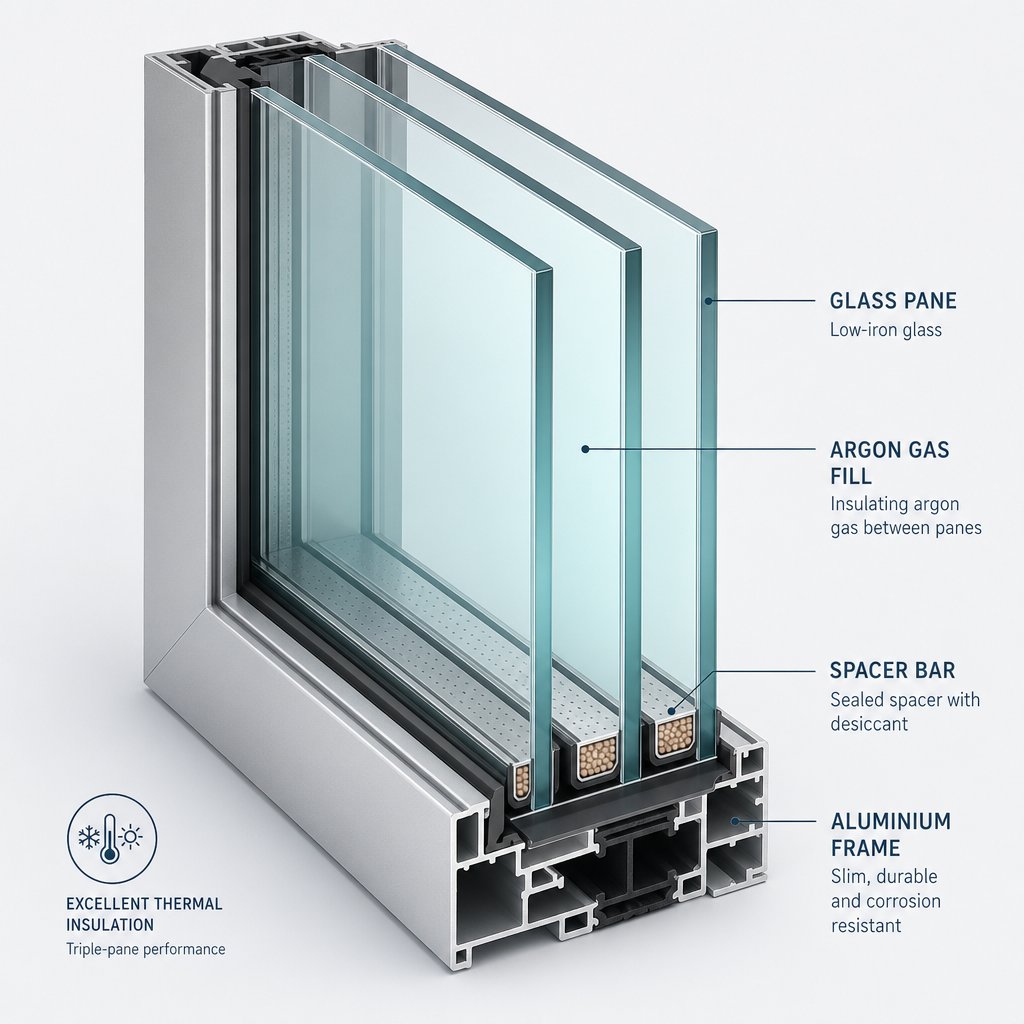 cross section of a triple pane insulated glass unit with sealed gas filled cavities for thermal insulation