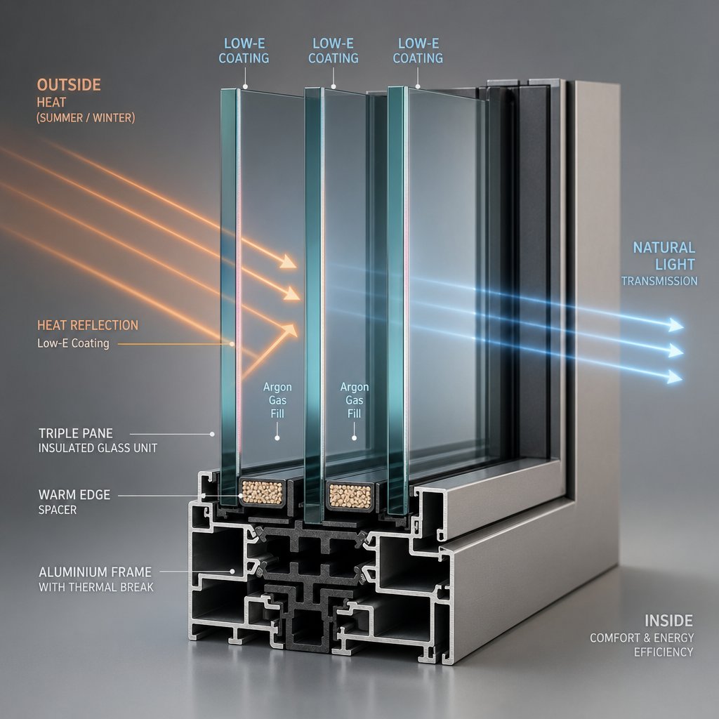 cross section of a triple pane window showing low e coatings and gas fills for energy efficiency