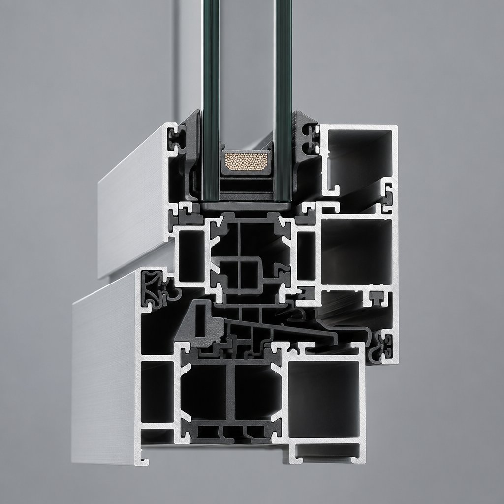 cross section of an extruded aluminium sash frame profile showing integrated channels for drainage hardware and weatherseals