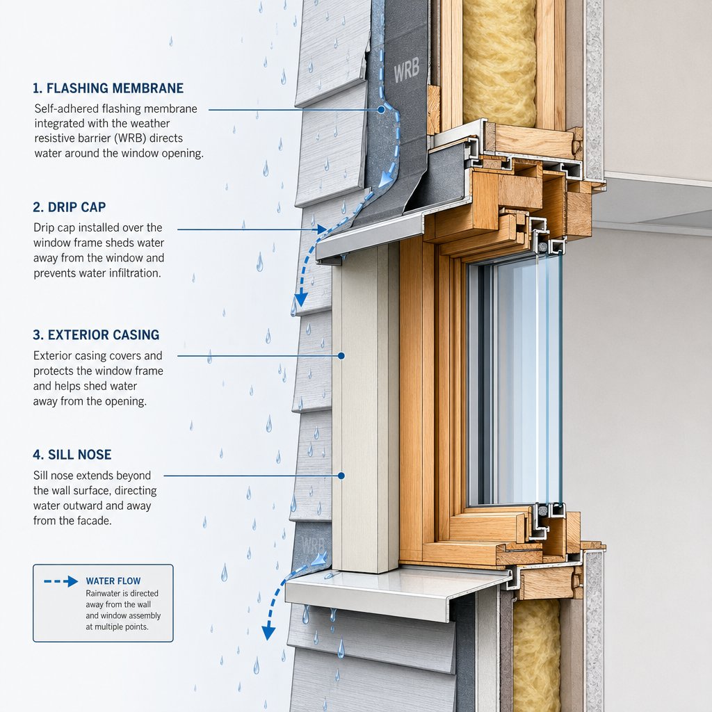 cross section of exterior window components showing flashing drip cap casing and sill nose weatherproofing layers