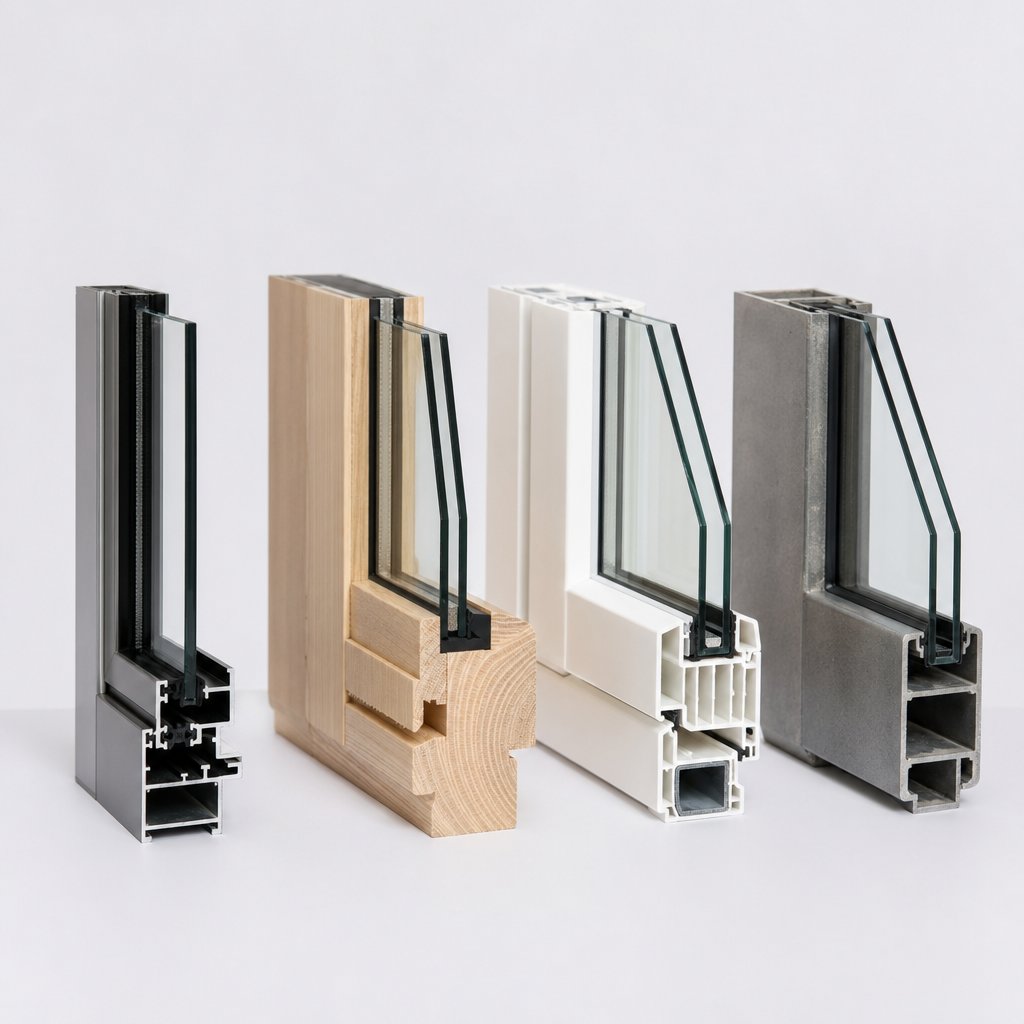 cross section profiles of aluminium vinyl timber and steel window frames showing the difference in frame slimness and structural design