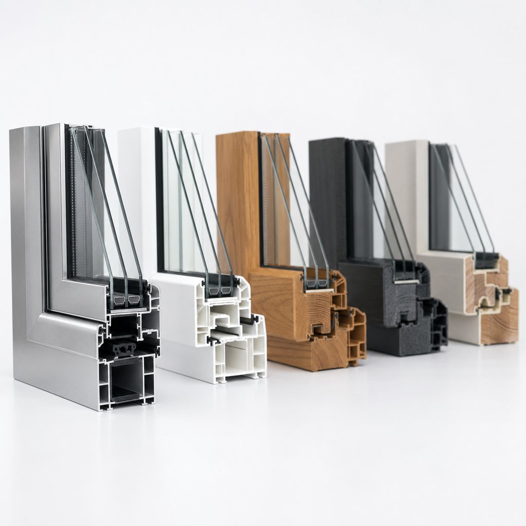 cross section profiles of aluminium vinyl wood fiberglass and composite window frames showing distinct material characteristics