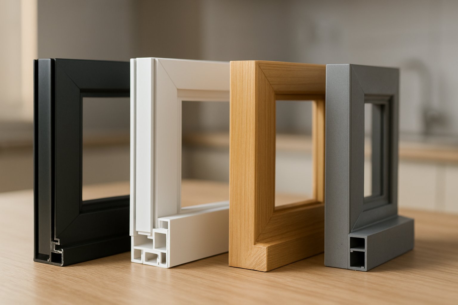 cross section samples of aluminium vinyl timber and fiberglass window frame materials compared side by side