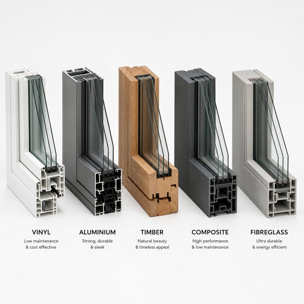 cross section samples of five common window frame materials showing the visual and structural differences between vinyl