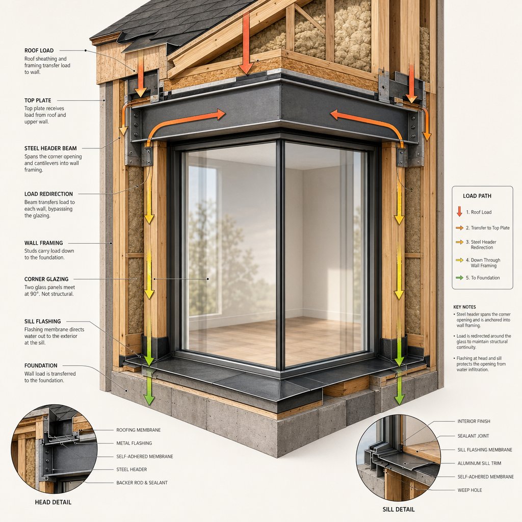 cross section showing how a steel header beam redirects structural loads around a corner window opening
