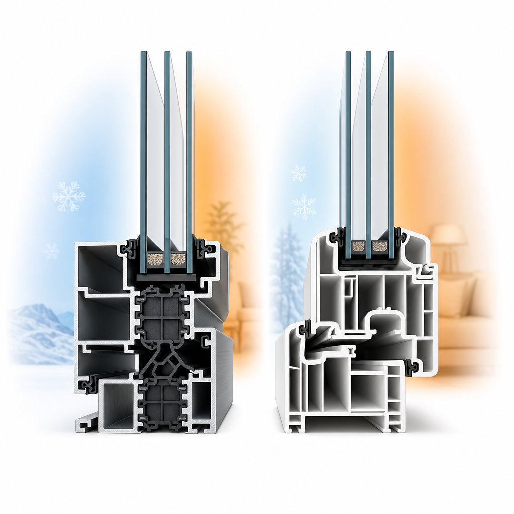 cross section view comparing aluminium thermal break and upvc multi chamber insulation methods