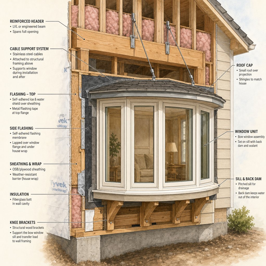cross section view of a bow window installation showing structural support elements including header reinforcement and cable systems