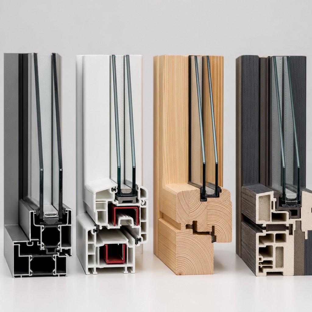 cross sections of aluminium upvc timber and composite window frame profiles showing the material differences that shape fabrication workflows