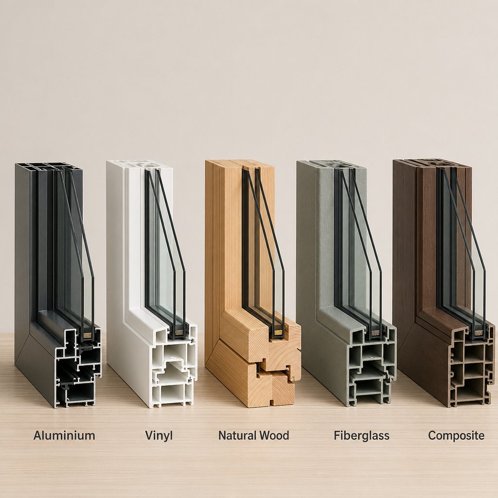 cross sections of aluminium vinyl wood fiberglass and composite window frame materials side by side