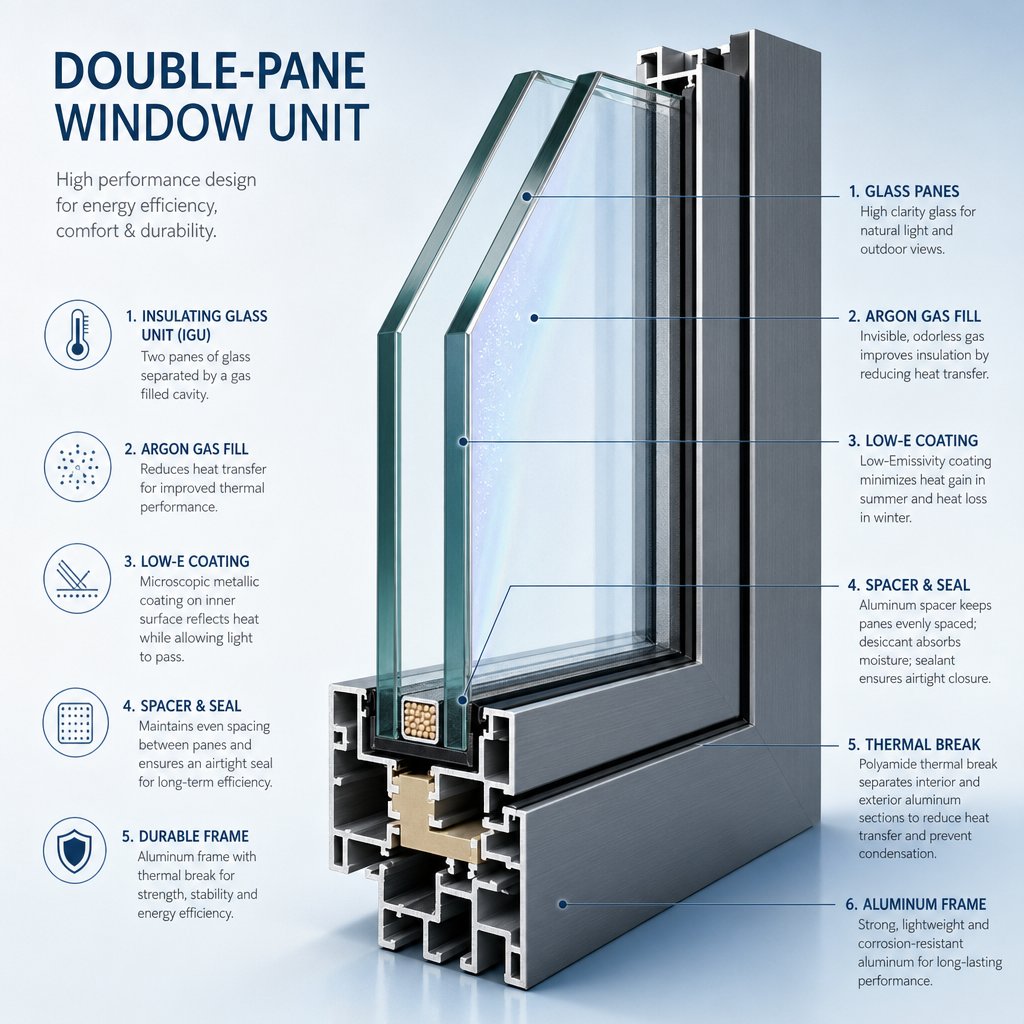 cutaway view of a double pane window showing low e coating gas fill between panes and thermal break technology within the aluminium frame