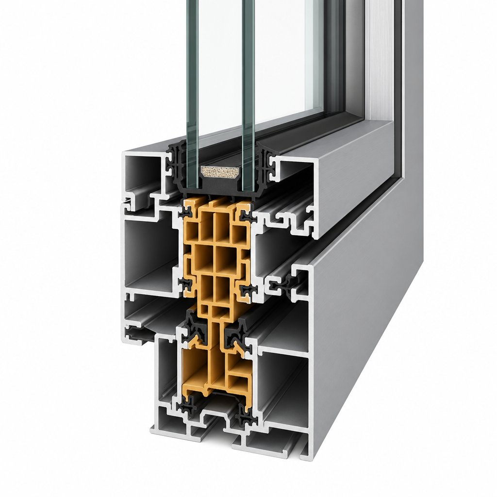 cutaway view of a thermally broken aluminium window profile showing the insulating barrier between interior and exterior faces