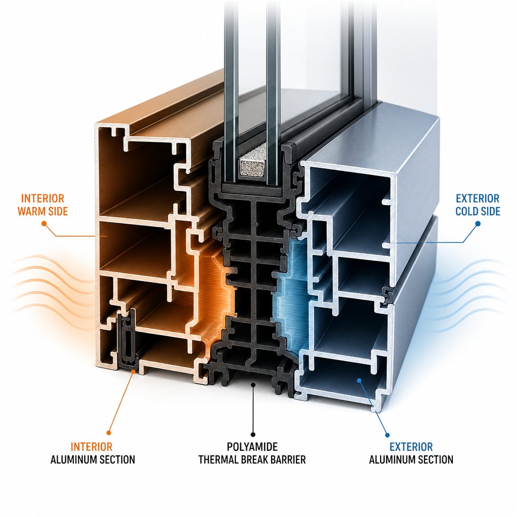 cutaway view of a thermally broken aluminum frame showing how the polyamide barrier separates interior warmth from exterior cold