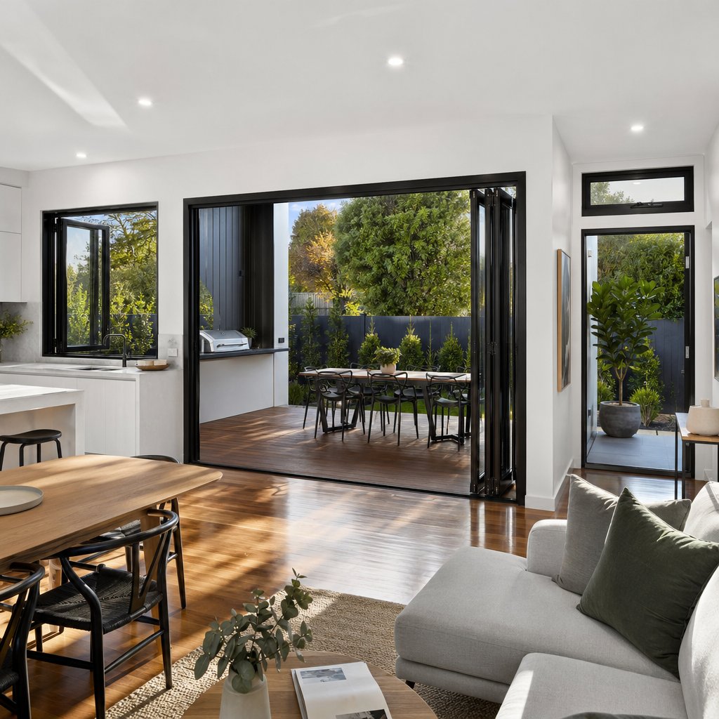 different aluminium window styles %E2%80%94 bi fold casement and fixed %E2%80%94 working together in a modern australian home
