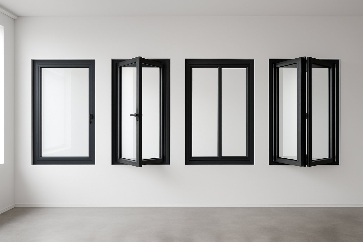 different aluminium window styles including fixed casement sliding and bi fold options displayed side by side