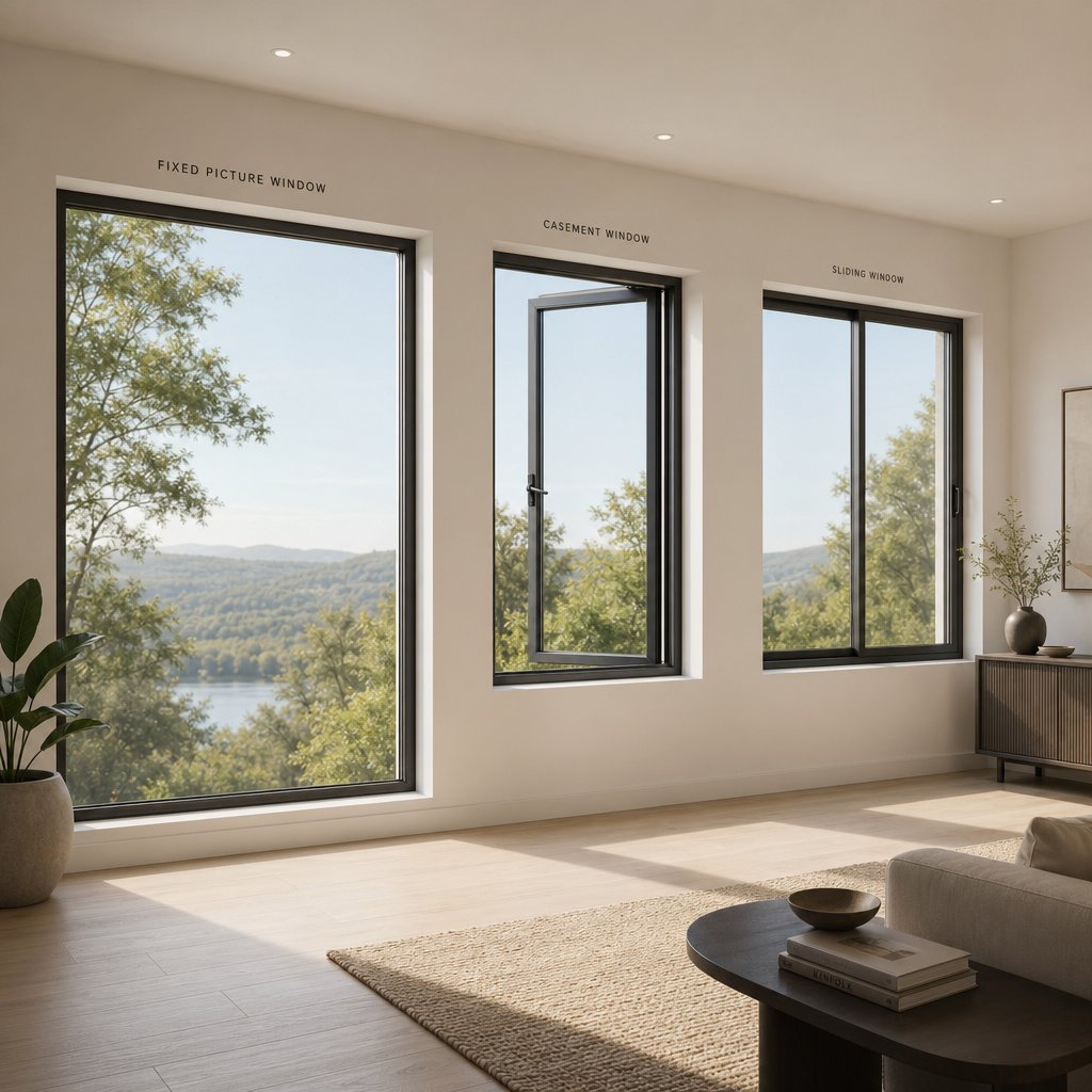 different contemporary window types including fixed casement and sliding configurations suited to various room functions