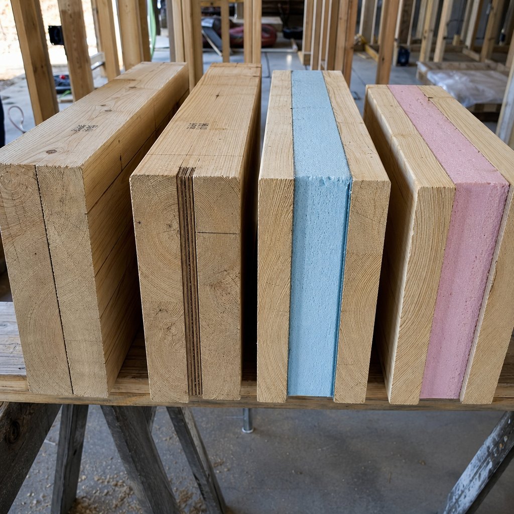 different header construction methods including doubled lumber and insulated headers for various window opening spans
