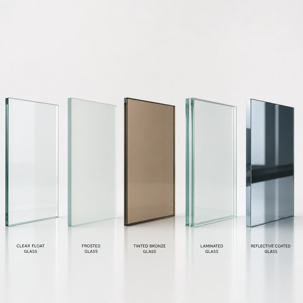 different types of window glass samples showing the visual and functional variety available for residential projects