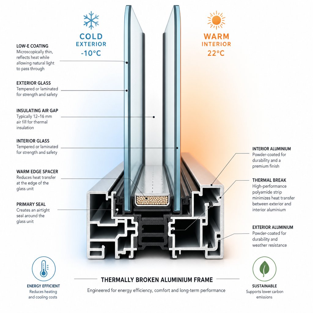 double glazing with low e coatings and gas fills creates a thermal barrier that reduces energy loss