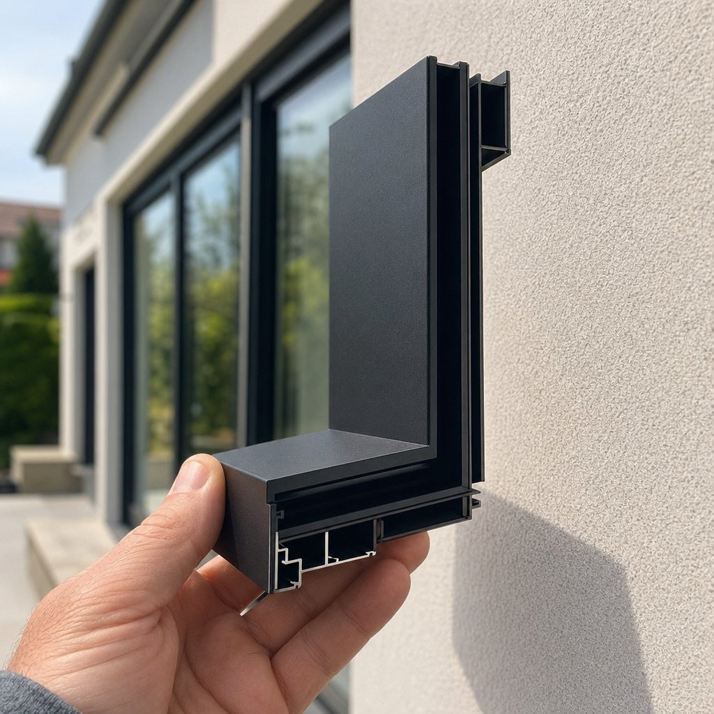 evaluating a black aluminium window frame sample against a home exterior before making a final decision