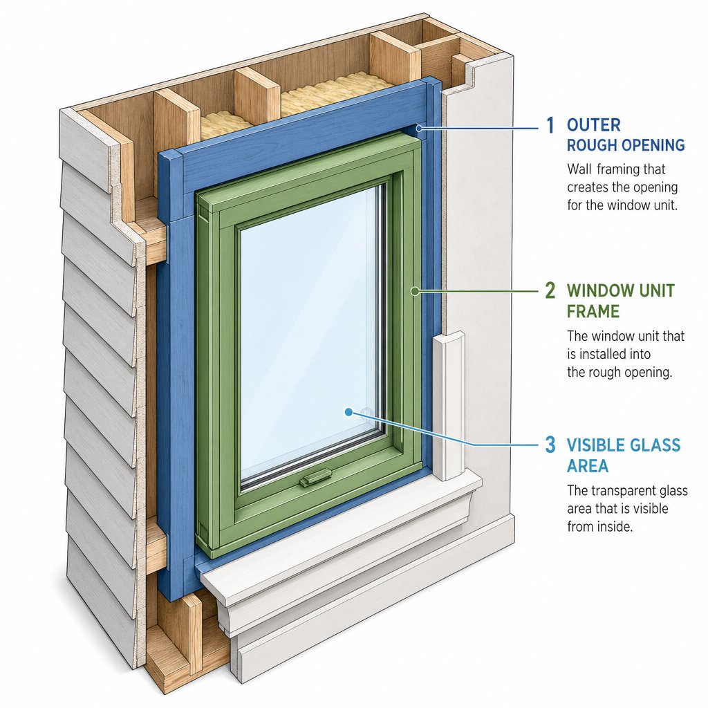every window has three measurement layers rough opening unit frame size and visible glass area