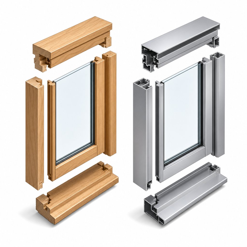 exploded view of a window frame assembly showing head jamb side jambs and sill components