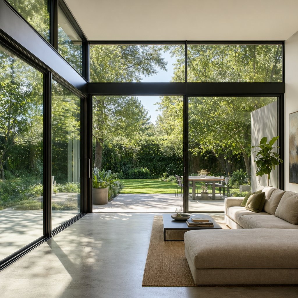floor to ceiling architectural aluminium windows in a modern residential setting maximizing natural light and garden views