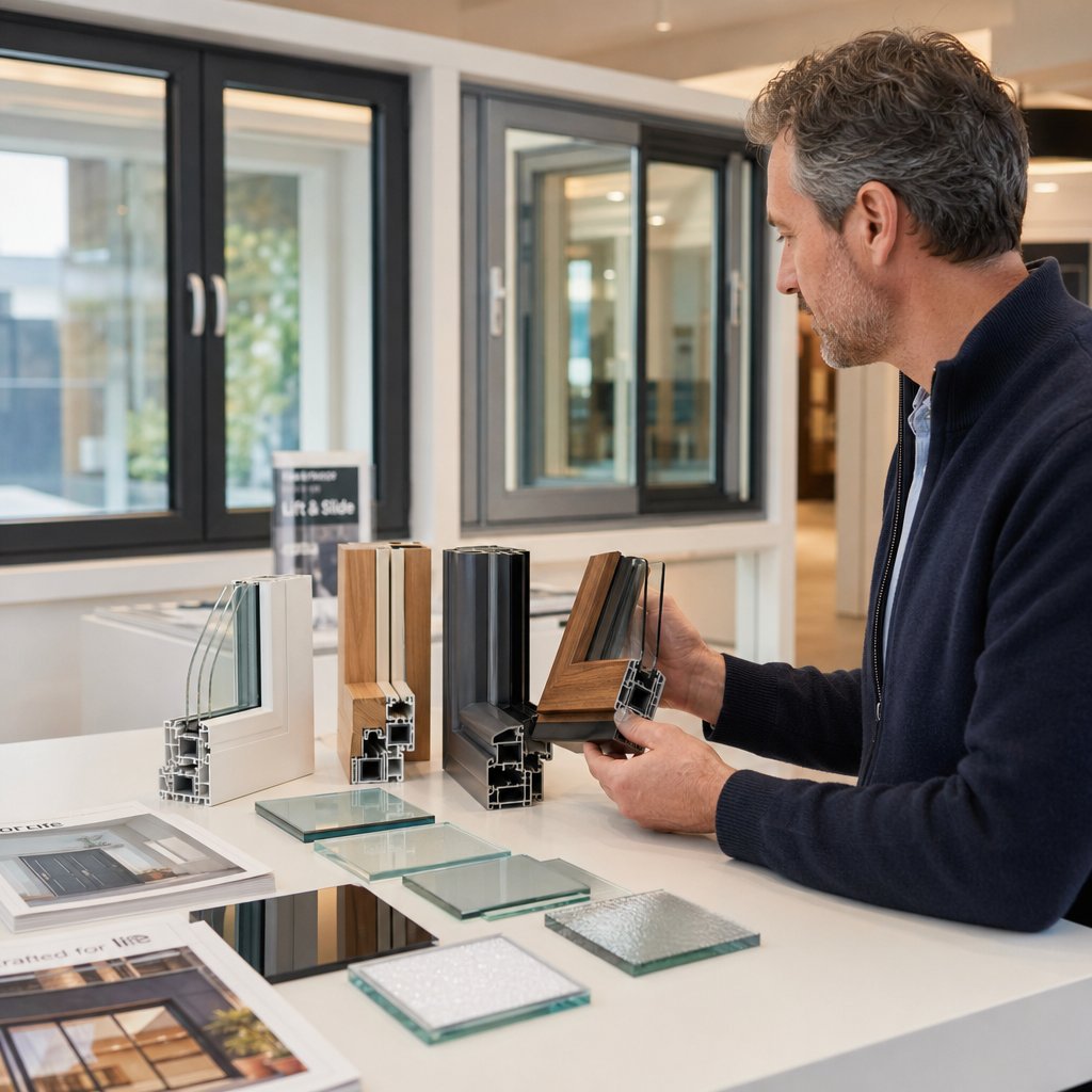 homeowner comparing modern window frame materials and glass options during the selection process