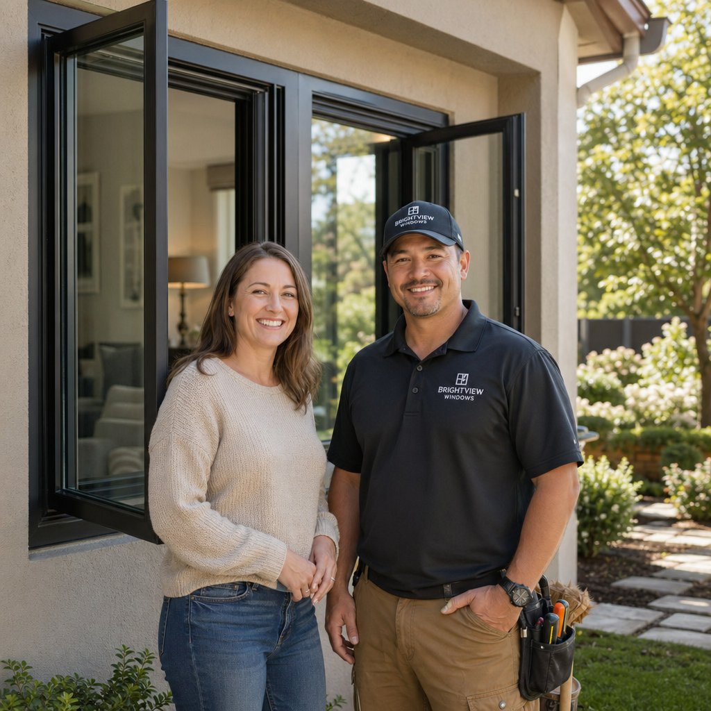 homeowner consulting with a window professional during aluminum window selection and installation for a residential project