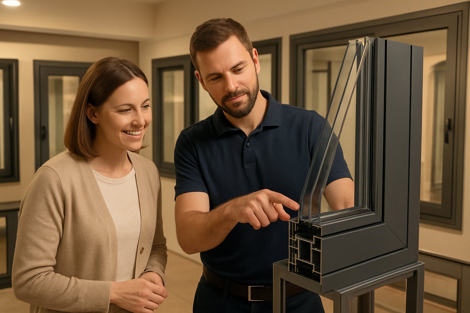 homeowner consulting with a window specialist to review aluminium window specifications and thermal break technology
