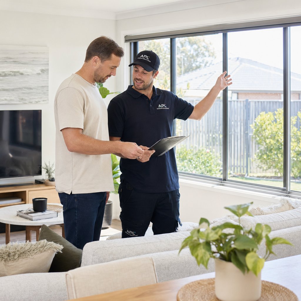 homeowner reviewing an itemised aluminium window replacement quote with a licensed installer