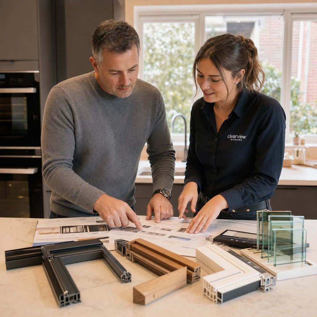 homeowner reviewing custom window quotes and frame material samples with a specialist