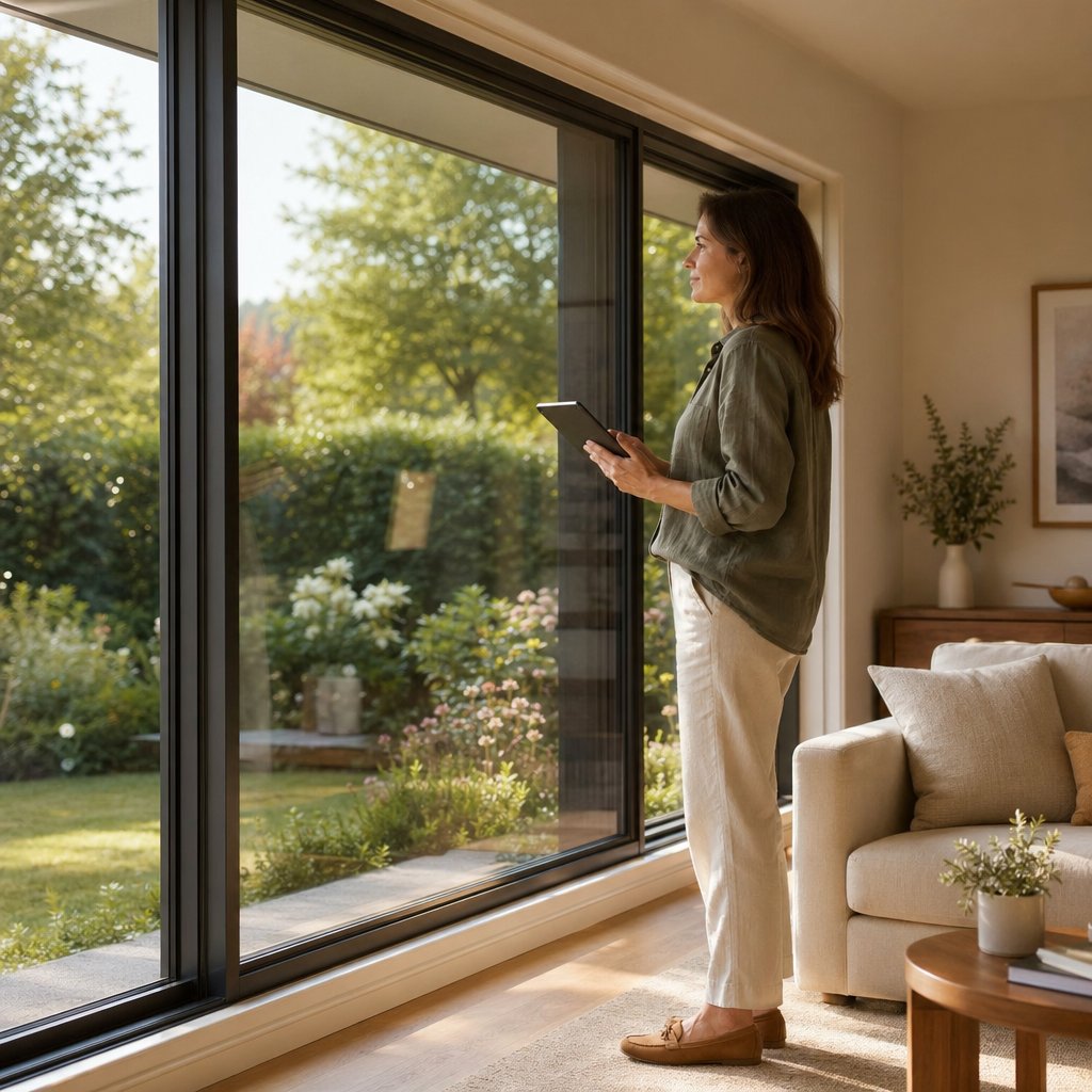 homeowner reviewing window options in a light filled modern living room with slim profile aluminium windows