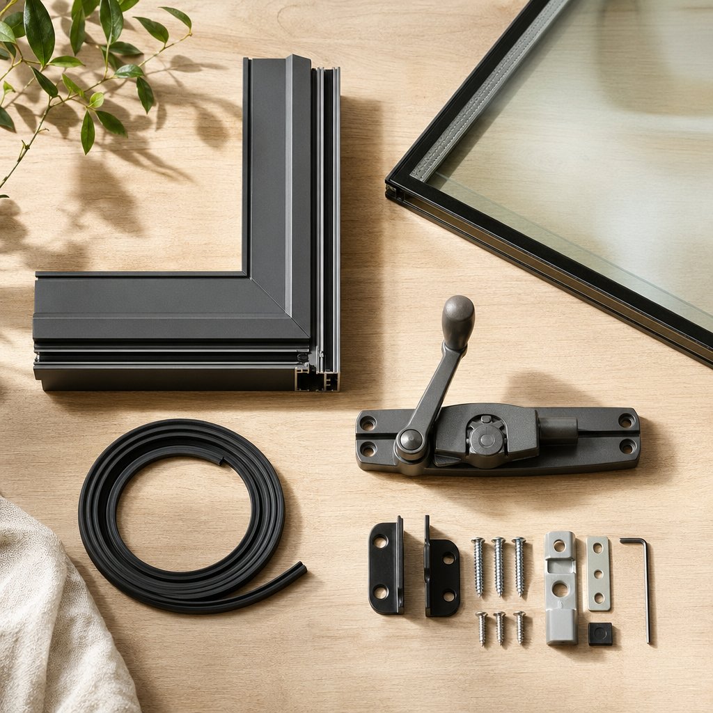 individual components of an aluminum awning window including frame glazing hardware and weatherstripping that influence total pricing