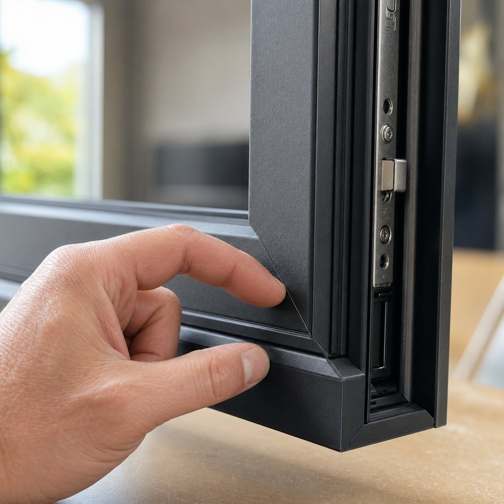 inspecting quality hardware and weatherseals on a powder coated aluminium window frame