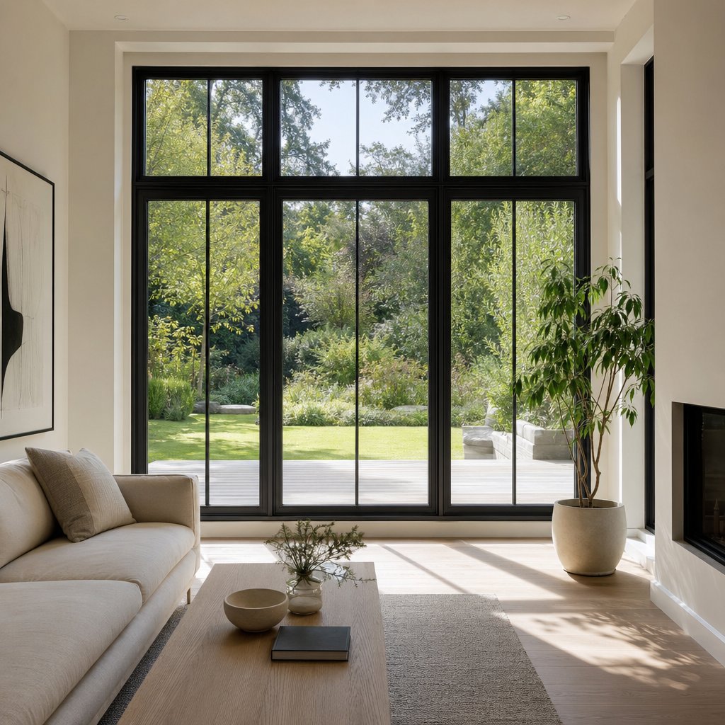 interior black window frames framing a garden view like artwork in a minimalist living space