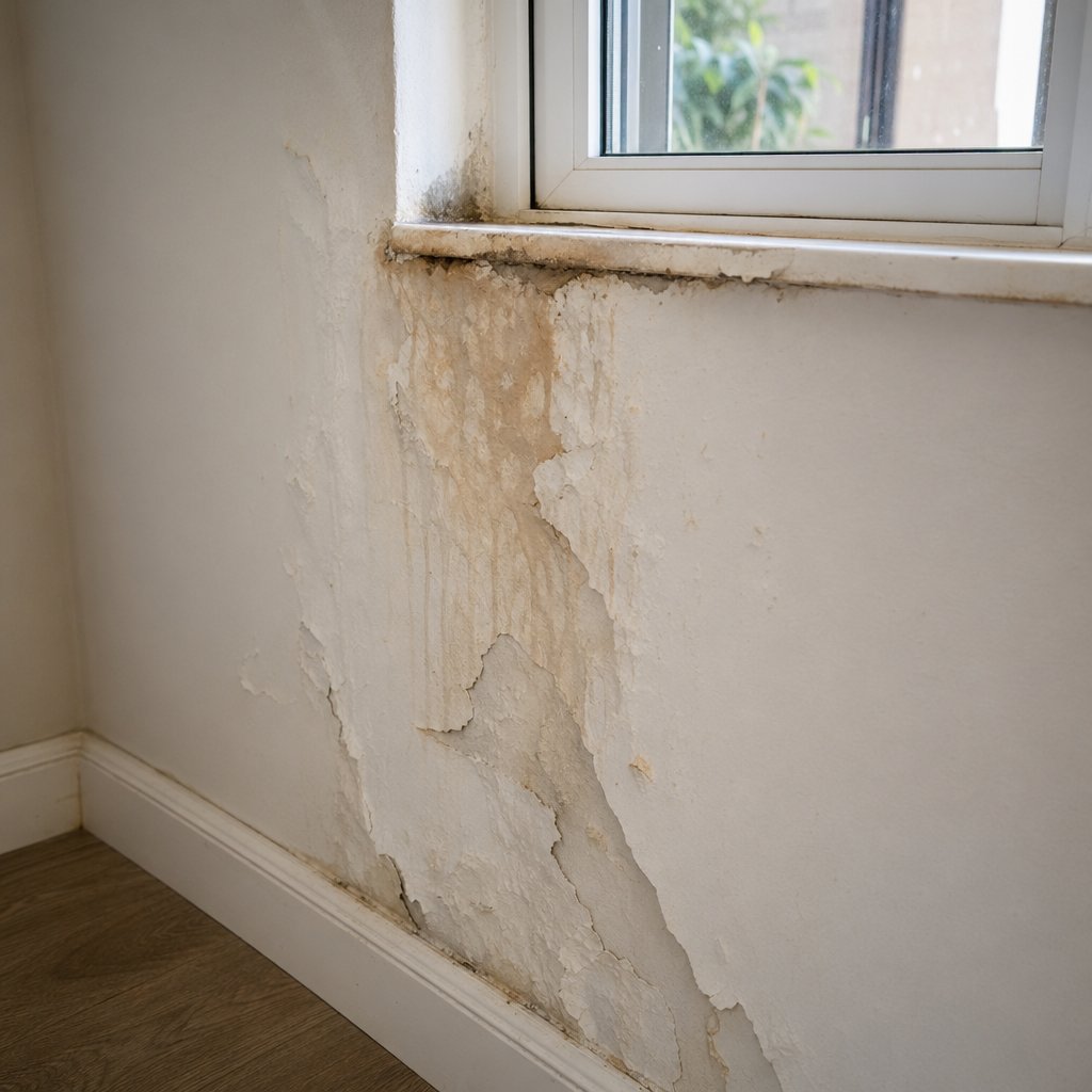 interior water stains and bubbling paint below a window are common signs that hidden flashing has failed behind the wall