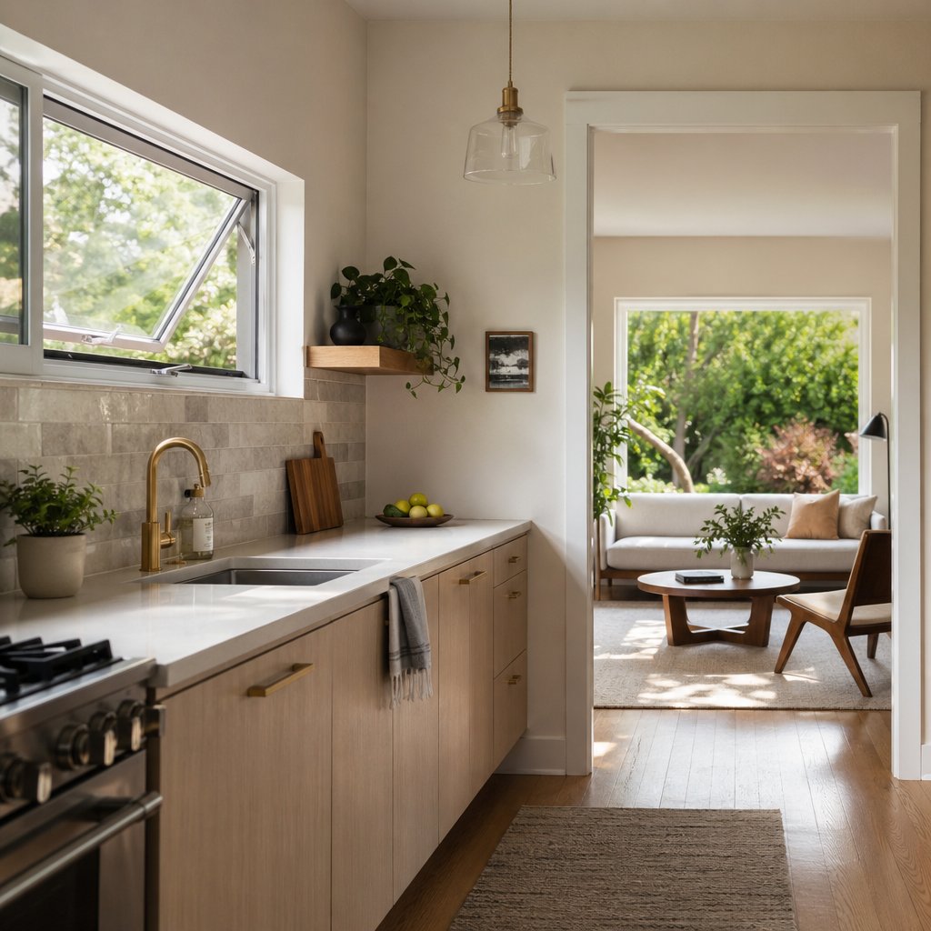 kitchen awning window providing ventilation near the cooking zone with a living room picture window visible beyond